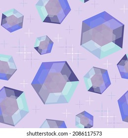 Abstract Illustration Of Falling, Flying Crystals, Magic Stones Among Stars. Seamless Vector Pattern For Design Of Tarot Cards, Esoteric Sessions, Textiles, Packaging.