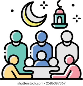 Abstract illustration of a family gathering under crescent moon and lantern during Ramadan.