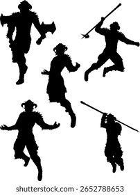 Abstract illustration of a fantasy warrior silhouette wearing horned and spiked armor in an aggressive pose. The strong, dynamic figure is ideal for heroic, battle-themed designs and concepts.