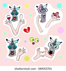 Abstract illustration fashion patch badges cool zebra, lips, hearts, kiss, hand, 
Red and white wine, celebration, lime. Vector draw color print Set of stickers, pins, patches in cartoon, comic style.