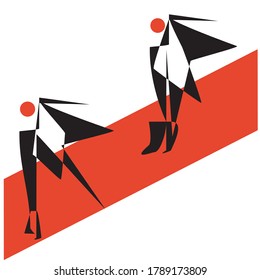 Abstract illustration of a fashion runway with two models.