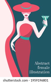 abstract illustration of fashion stylized woman in hat and long pink dress with green elements 