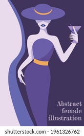 abstract illustration of fashion stylized woman in hat and long dark purple with yellow elements 
