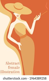 abstract illustration of fashion stylized woman in hat and long dress in yellow and orange colours