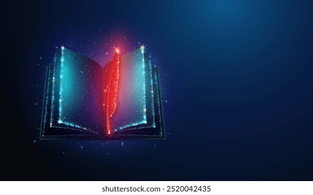 A ilustração abstrata da pena está deitada no livro mágico aberto feito de partículas de néon brilhantes. Fundo geométrico azul que retrata a escrita de contos de fadas, literatura e conceito de educação