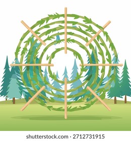 Una ilustración abstracta presenta un arreglo floral verde central con Elementos de madera sobre un fondo de árboles y un cielo blanco. El diseño utiliza colores planos y Formas simples.
