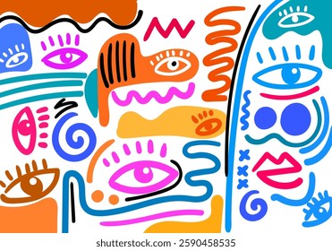 abstract illustration featuring bold colors, geometric shapes, expressive eyes, and dynamic doodles.