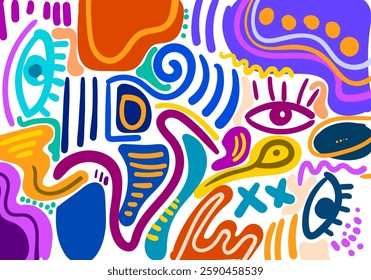 abstract illustration featuring bold colors, geometric shapes, expressive eyes, and dynamic doodles.