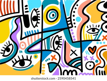abstract illustration featuring bold colors, geometric shapes, expressive eyes, and dynamic doodles.