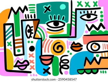 abstract illustration featuring bold colors, geometric shapes, expressive eyes, and dynamic doodles.