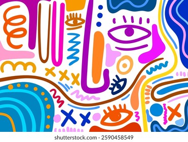 abstract illustration featuring bold colors, geometric shapes, expressive eyes, and dynamic doodles.