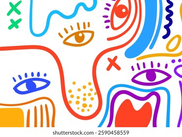 abstract illustration featuring bold colors, geometric shapes, expressive eyes, and dynamic doodles.