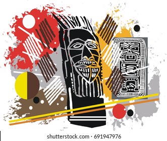 Abstract illustration featuring carved native statues and linear elements.