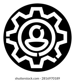 Abstract illustration featuring a central person or user icon enclosed within a cogwheel, set against a circular black background, symbolizing individual control, management, and process settings