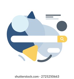 An abstract illustration featuring a central search bar with a magnifying glass icon, surrounded by various geometric shapes in shades of blue, grey, and yellow. The composition is dynamic and modern, suggesting concepts related to search, data, or digital interfaces.