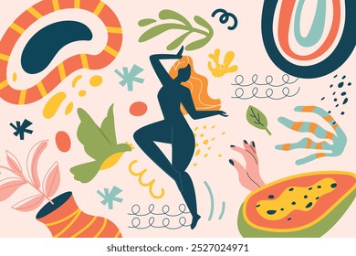 Abstract illustration featuring a dancing silhouette surrounded by colorful shapes, leaves, and abstract patterns.