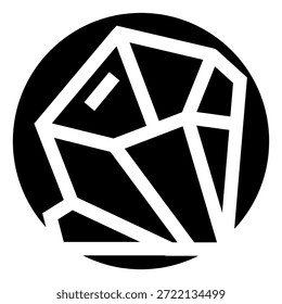Abstract illustration featuring a faceted gem or crystal design, depicted with white lines on a solid black circular background, creating a modern, clean, and elegant brand identity icon