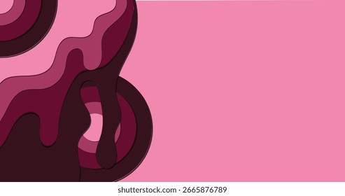 Ilustración abstracta con Formas circulares fluidas y líneas orgánicas onduladas en tonos de rosa, malva y ciruela,