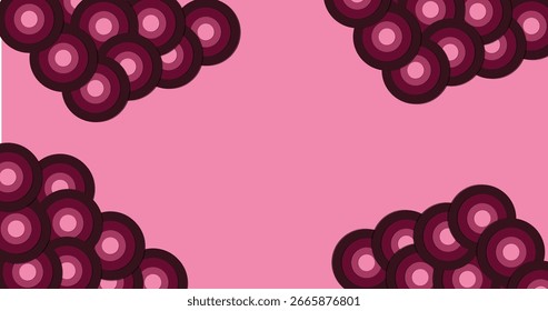 abstract illustration featuring fluid, circular shapes and wavy organic lines in shades of pink, mauve, and plum,