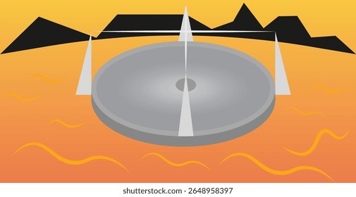 Abstract Illustration Featuring Geometric Shapes and Landscape Elements on Orange Gradient Background