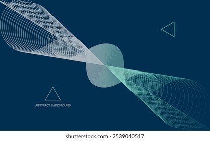 Ilustração abstrata com linhas de ondas verdes e cinzas cruzadas em um fundo azul escuro, com acentos triangulares para uma sensação tecnológica contemporânea e dinâmica