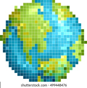 Abstract Illustration Featuring a Mosaic of the Earth Made of Brightly Colored Pixels