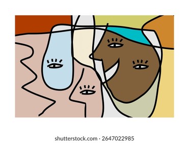 abstract illustration featuring multiple intertwined faces or facial elements