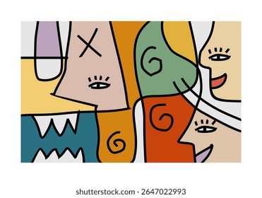 abstract illustration featuring multiple intertwined faces or facial elements