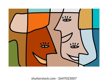 abstract illustration featuring multiple intertwined faces or facial elements