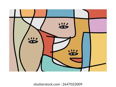 abstract illustration featuring multiple intertwined faces or facial elements