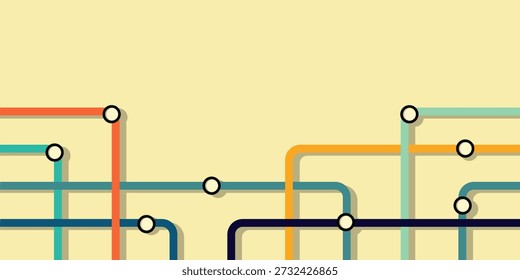 Ilustração abstrata com uma rede de linhas coloridas e interconectadas com nós circulares brancos, assemelhando-se a um mapa simplificado do metrô ou a um diagrama de circuito em um fundo claro, transportando conexão e fluxo.