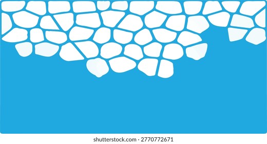 An abstract illustration featuring a pattern of irregular white geometric shapes resembling cracked ice or a mosaic, set against a solid blue background.