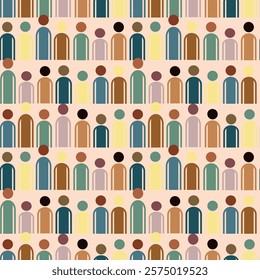 Abstract illustration featuring rows of minimalist humanoid figures. Each figure is represented by simple geometric shapes, mostly ovals and rounded rectangles. Vector