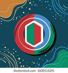 An abstract illustration featuring a split hexagon inside a circular frame on a patterned background