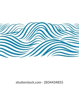 An abstract illustration featuring stylized blue waves with repeating line patterns, creating a rhythmic and flowing decorative element on a white background.