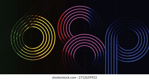 Ilustración Abstractas con líneas concéntricas estilizadas y brillantes que forman las letras "OSP" con un gradiente de colores vibrantes de neón sobre un fondo oscuro, evocando una estética retro-futurista.