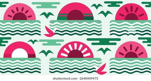 Abstract illustration featuring stylized sunsets over wavy water, birds, and geometric shapes in pink, green, and white.