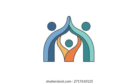 Eine abstrakte Illustration mit drei stilisierten menschlichen Figuren. Zwei größere Figuren an den Seiten bilden einen Bogen, der eine kleinere zentrale Figur mit erhobenen Armen umfasst.
