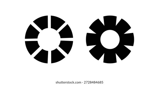 Uma ilustração abstrata com dois símbolos circulares em preto e branco distintos com padrões radiais