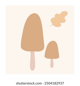 Abstract illustration featuring two simplistic mushrooms and a leaf on a soft background