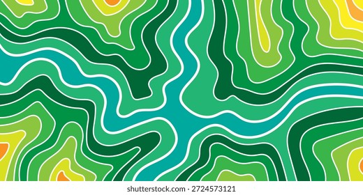 Uma ilustração abstrata com um padrão topográfico vibrante semelhante a um mapa com linhas de contorno onduladas e fluidas em tons de verde, amarelo e azul-verde, criando uma textura visual orgânica e dinâmica.