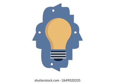 Abstract illustration featuring a yellow light bulb framed by interlocking human head shapes, representing creativity, teamwork, and innovation in a minimalistic style.