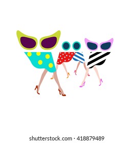 Abstract illustration of female legs in dresses (stripes and polka dots) and shoes, funny sunglasses,  color vector prints,  fashion logo, sale, women shopping