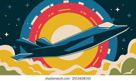 Ilustración Abstractas de un avión de combate volando en el cielo nocturno