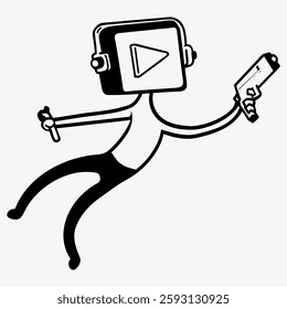 Abstract illustration of a figure with a screen head, play button, and holding a gun. The screen head character is in a dynamic pose, emphasizing digital themes. Doodle illustration vector.