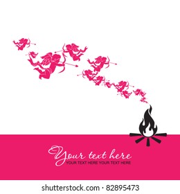 Abstract illustration of fire and cupids instead of a smoke. Place for your text.