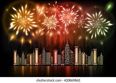 Abstract illustration of fireworks exploding in night sky over downtown city with reflection in water in orange, red and green shades