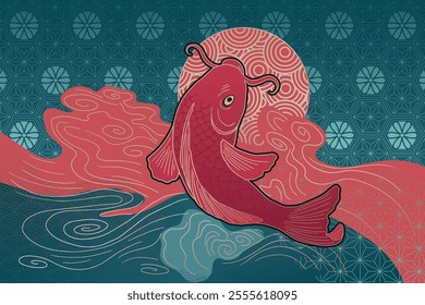 abstract illustration fish koi in minimalistic asian style, with ornaments and waves