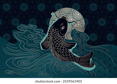 abstract illustration fish koi in minimalistic asian style, with ornaments and waves	