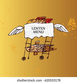 Abstract illustration of Fish on the Kitchen Table. Food design, Lenten menu. Hand drawn Vector background for Cafe, Restaurant, Culinary category, seafood express delivery